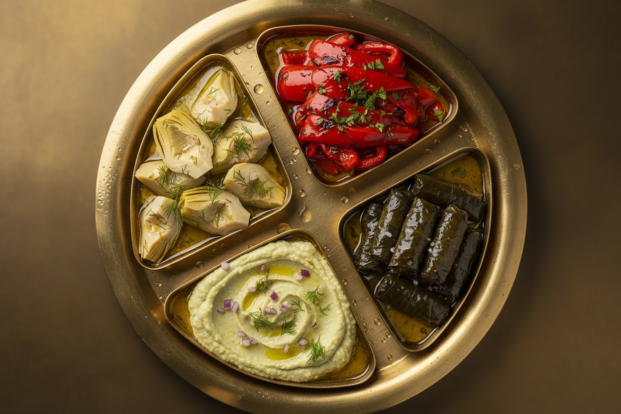 Pirinç tepside 8°C servise hazır zeytinyağlı meze çeşitleri: enginar, fava, sarma