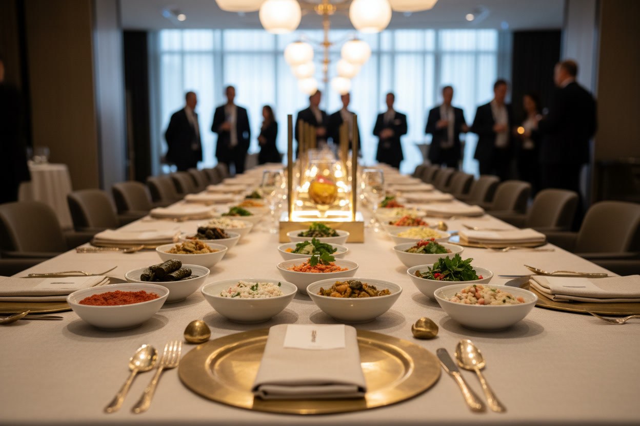 Uzun davet masasında sıralanmış zeytinyağlı meze kaseleri